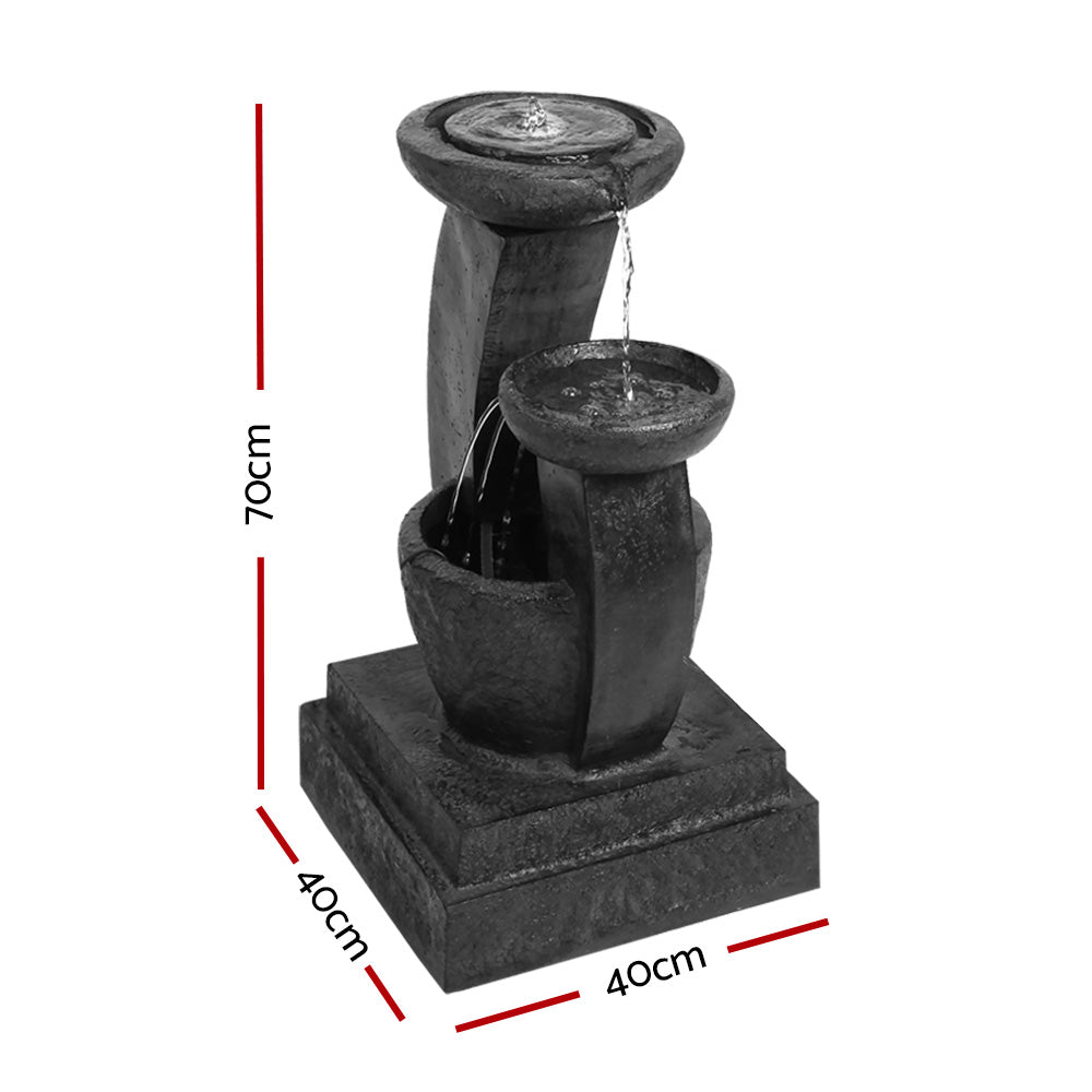 Three-tiered cascading water feature with mushroom bowls, in black colour, featuring a solar panel on the top right, showing its dimensions, all set against a white background.
