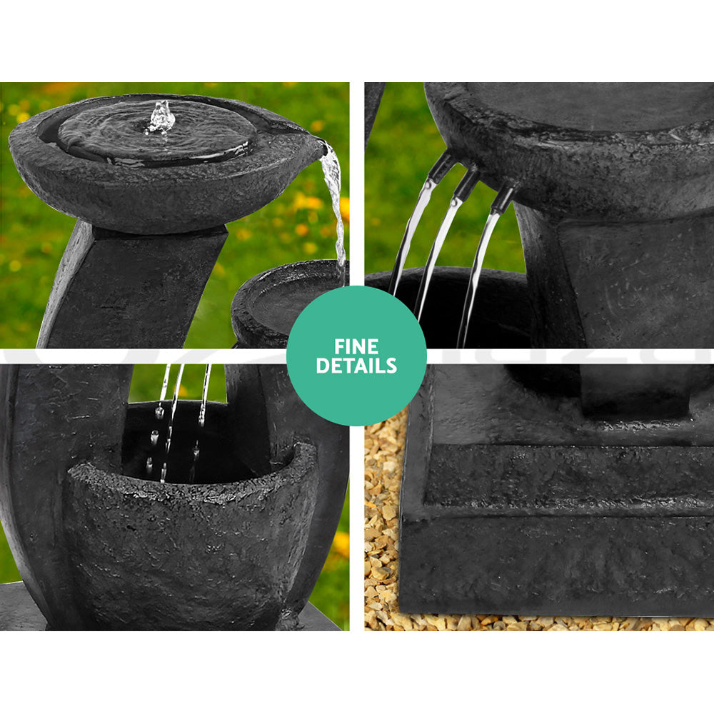 The three-tier black colour cascading water feature with mushroom bowls, featuring a quarterly split photo showing different close-up views of the cascading water pouring from the bowls to the one below.
