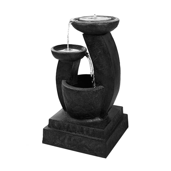 A three-tier cascading water feature with LED lights, made of polyresin, in a black color scheme on a white background.