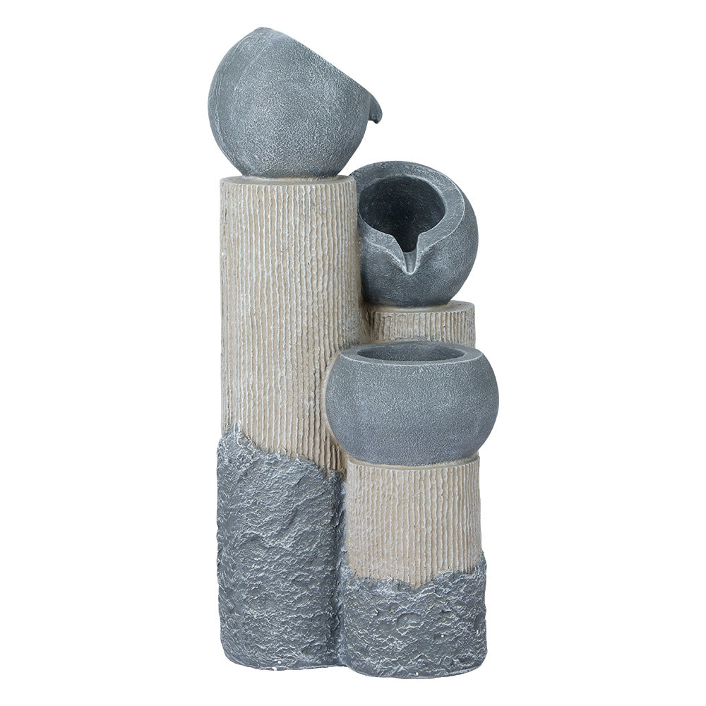 A three-tier cascading water fountain feature with LED lights, made of polyresin, in a grey and beige colour with a white background.