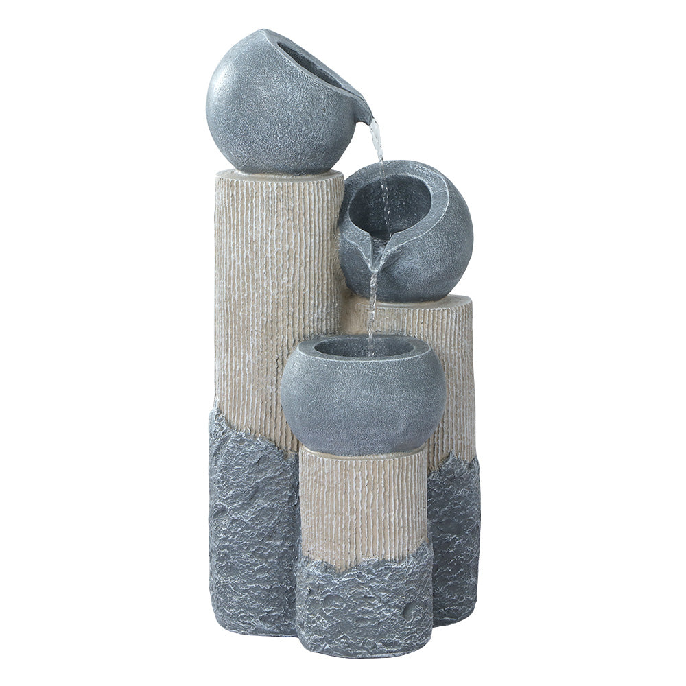 A three-tier cascading water fountain feature with LED lights, made of polyresin, in a grey and beige colour, with water flowing from the top bowl to the bottom one, set against a white background.