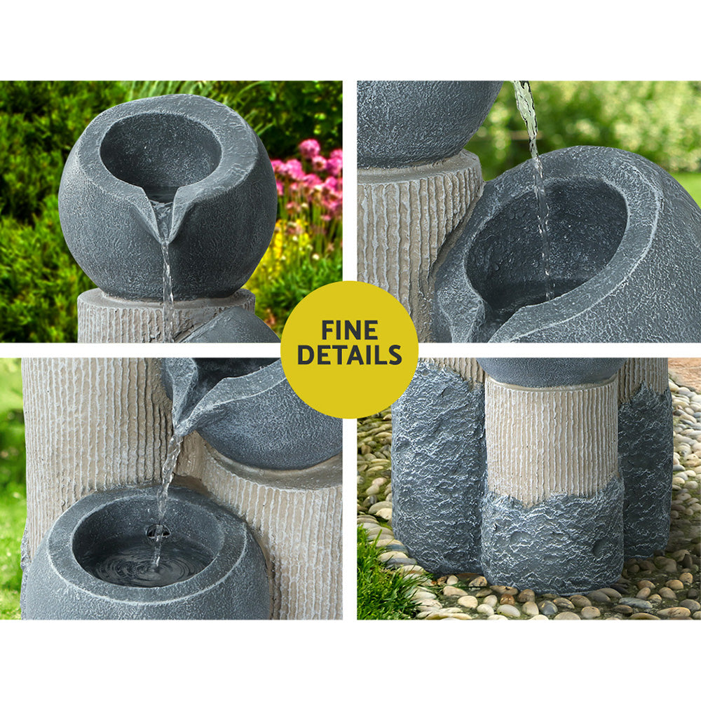 A three-tier cascading water fountain with 4 close-up images featuring each bowl. It is made of polyresin, in a grey and beige colour, with water flowing from the top bowl to the bottom one, in a garden setting.