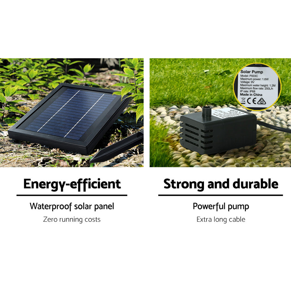 There are two close-up images - one showing the solar panel and all its components in a garden space, and the other of the pump showing all its specifications set on a pebble ground with green grass behind it.