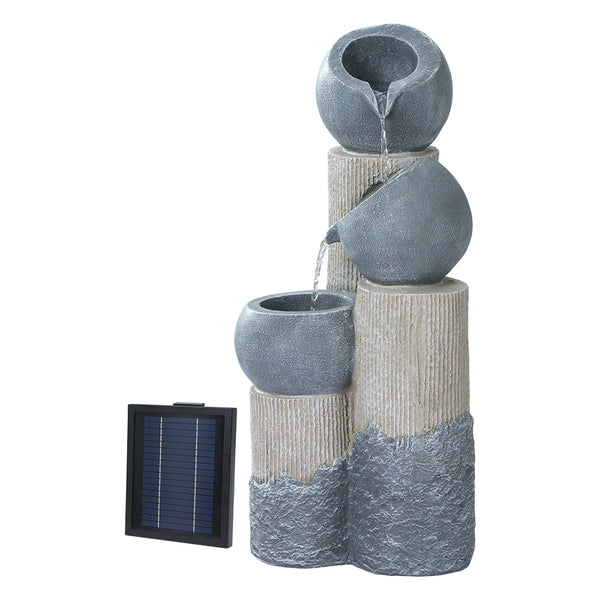 A three-tier cascading water fountain feature with LED lights, made of polyresin, in a grey and beige colour featuring a solar panel on the left, all set against a white background.
