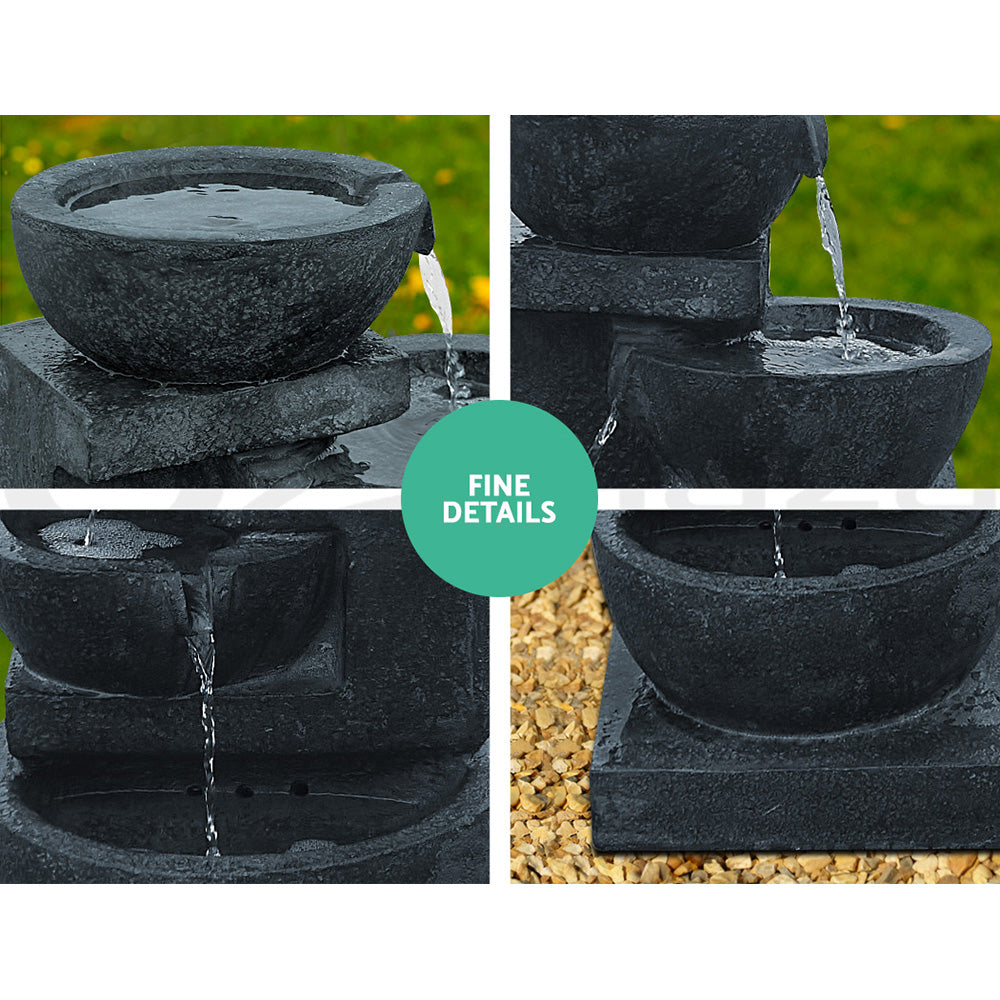 The four-tier blue colour cascading water feature with bowls, featuring a quarterly split photo showing different close-up views of the cascading water pouring from the bowls to the one below.