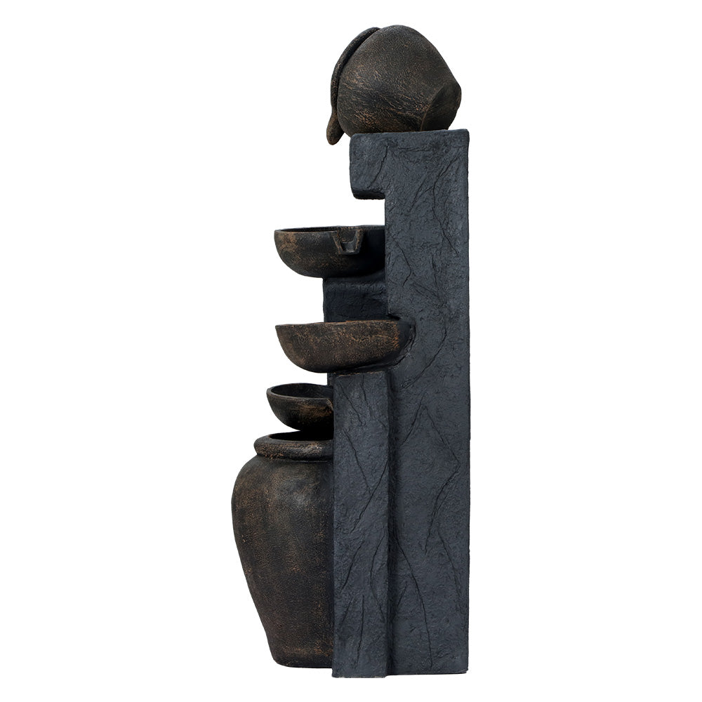 Side on view of a brown and copper toned, cascading fountain with five-tiered, with a white background setting.