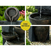 The fiver-tier cascading water feature with bowls, featuring a quarterly split photo showing different close-up views of the cascading water pouring from the bowls to the one below, all in a garden setting.