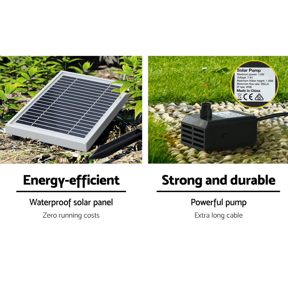 There are two close-up images - one showing the solar panel and all its components in a garden space, and the other of the pump showing all its specifications set on a pebble ground with green grass behind it.