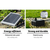 There are two close-up images - one showing the solar panel and all its components in a garden space, and the other of the pump showing all its specifications set on a pebble ground with green grass behind it.