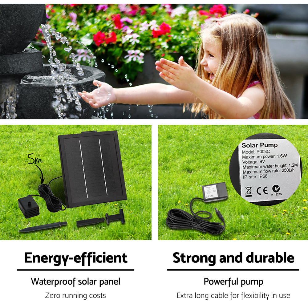 A blue colour water feature with bowls, featuring three split photos showing different views. One is a close-up view of the cascading water pouring and splashing from the top bowls to the one below with a happy little girl putting her hands in the splashing water drops, with hanging flowers in the backdrop. The next 2 images are set on green grass - one showing the solar panel and all its components and the other of the pump showing all its specifications.