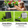 A blue colour water feature with bowls, featuring three split photos showing different views. One is a close-up view of the cascading water pouring and splashing from the top bowls to the one below with a happy little girl putting her hands in the splashing water drops, with hanging flowers in the backdrop. The next 2 images are set on green grass - one showing the solar panel and all its components and the other of the pump showing all its specifications.