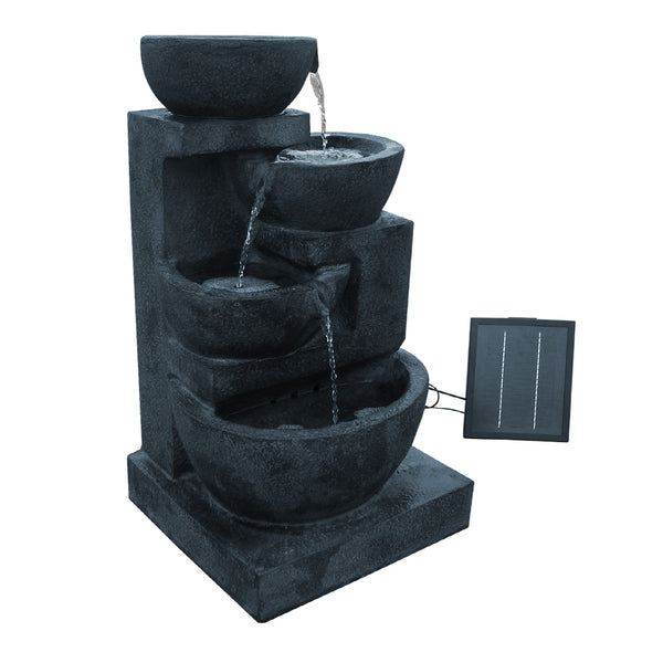 A four-tier cascading water feature with bowls, in blue colour featuring a solar panel on the top right, all set against a white background.