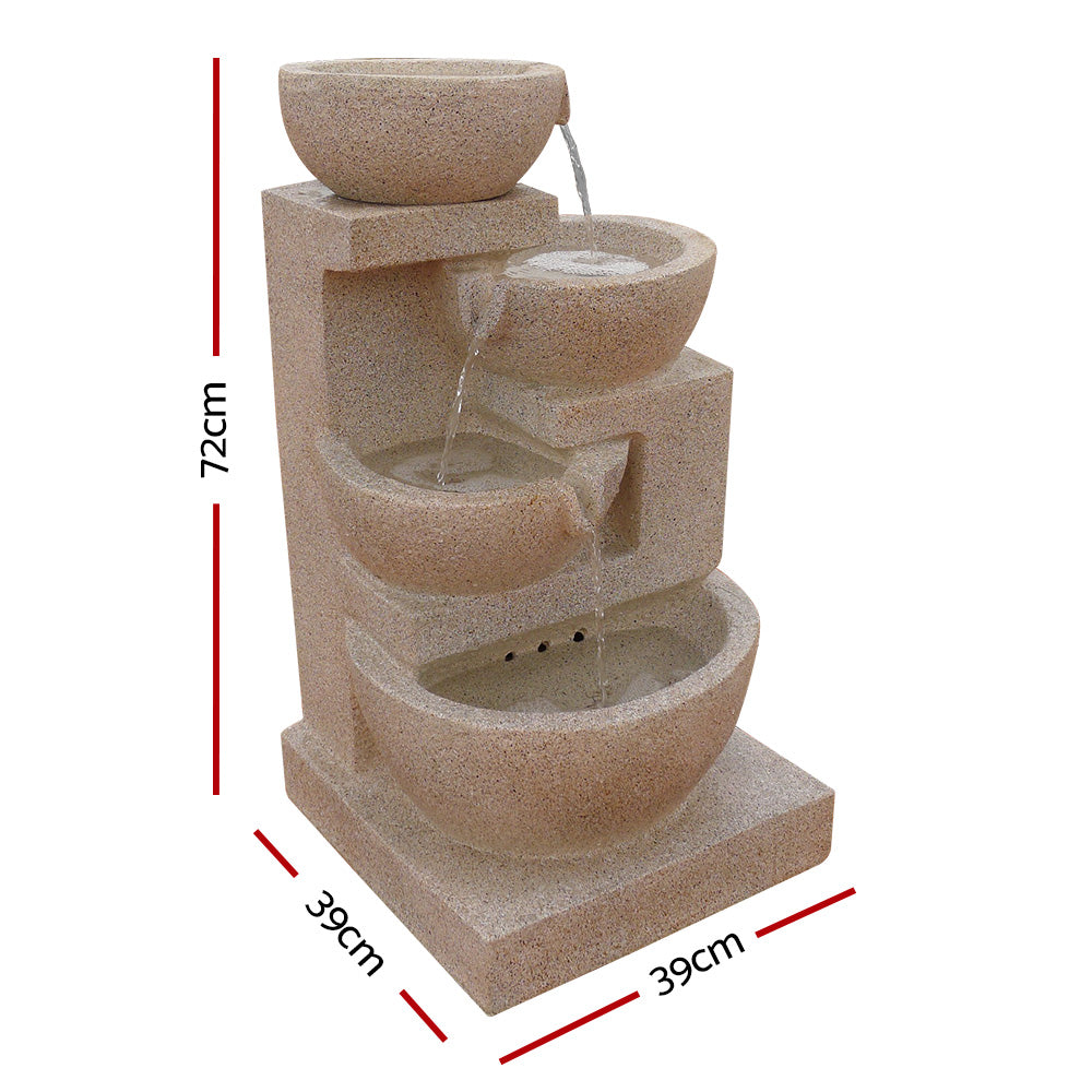 Four-tiered cascading water feature with bowls, sand colour, featuring a solar panel on the top right, showing its dimensions, all set against a white background.
