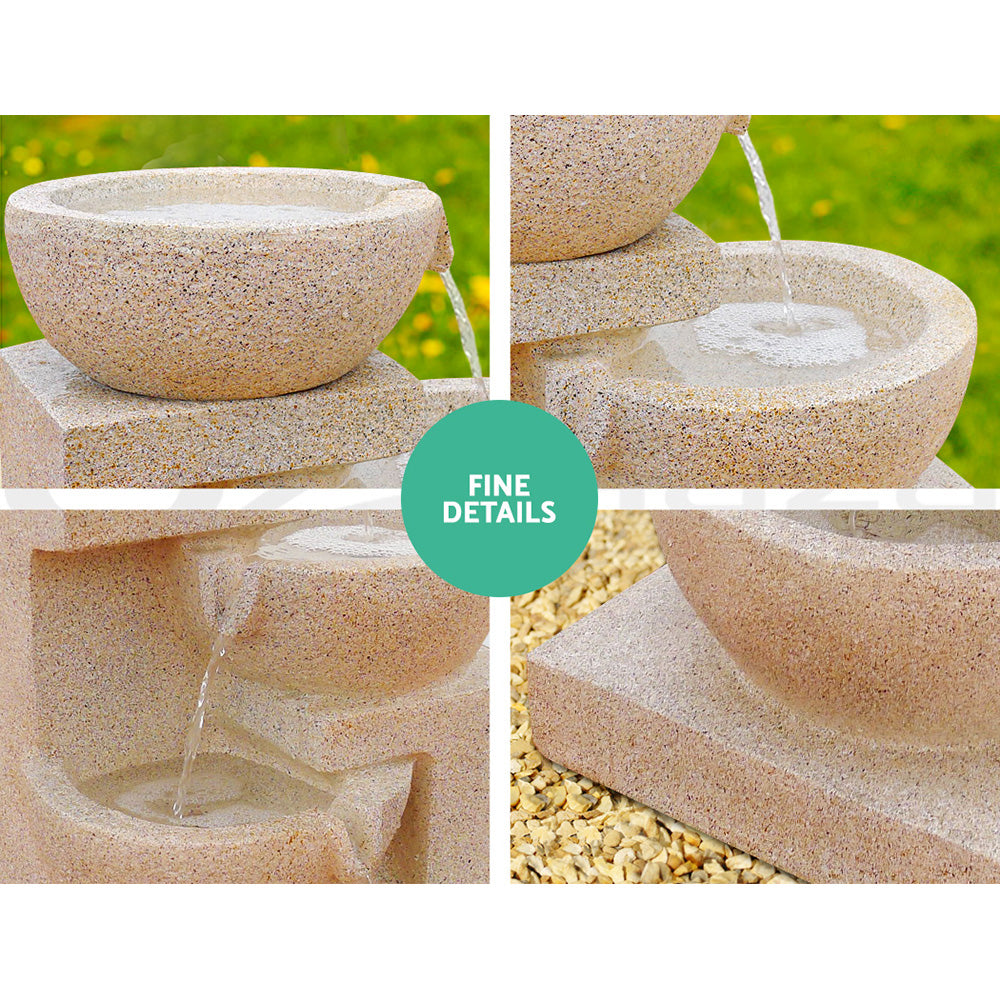 The four-tier sand colour cascading water feature with bowls, featuring a quarterly split photo showing different close-up views of the cascading water pouring from the bowls to the one below.