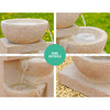 The four-tier sand colour cascading water feature with bowls, featuring a quarterly split photo showing different close-up views of the cascading water pouring from the bowls to the one below.