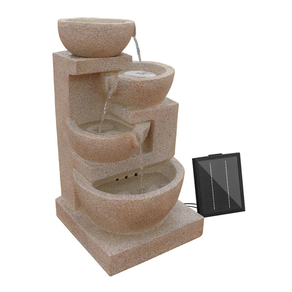 A four-tier cascading water feature with bowls, in sand colour featuring a solar panel on the top right, all set against a white background.