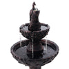 Close up of a brown, three-tier solar-powered water fountain featuring a peacock at the top, set on a white background.
