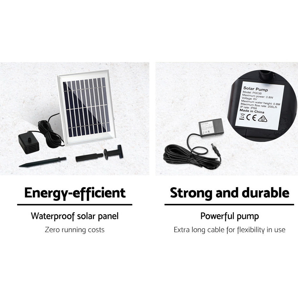 There are 2 images set on white background - one showing the solar panel and all its components and the other of the pump showing all its specifications.