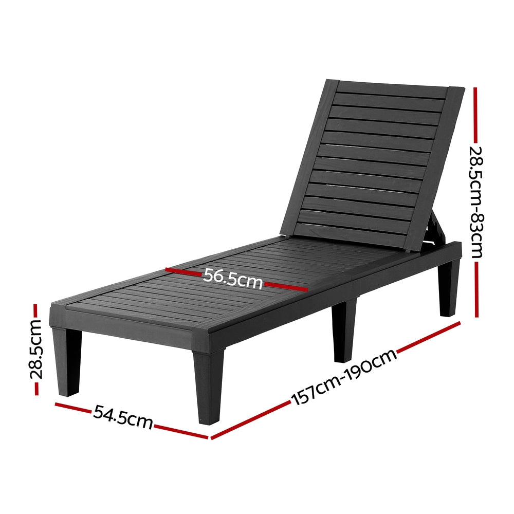 Black lounge chair with dimensions marked on a white background