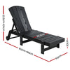 Black outdoor lounge chair with measurements on a white background
