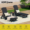 Black outdoor lounge chairs with cushions on a patio, featuring HDPE frame text.