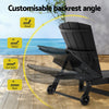 Black adjustable lounge chair on a wooden deck with customizable backrest angle options.
