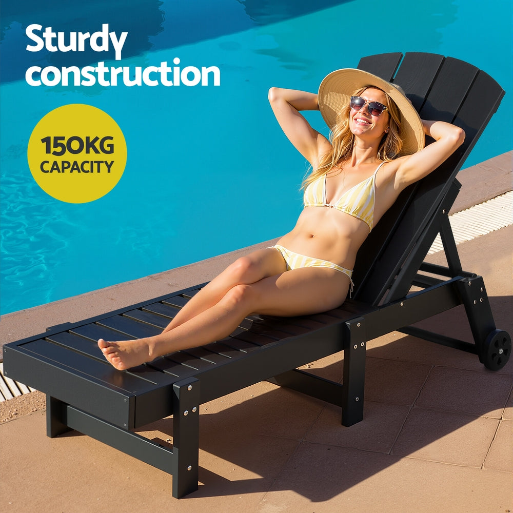 Woman relaxing on a black lounge chair by a pool with 'Sturdy construction' text and '150KG CAPACITY' label.