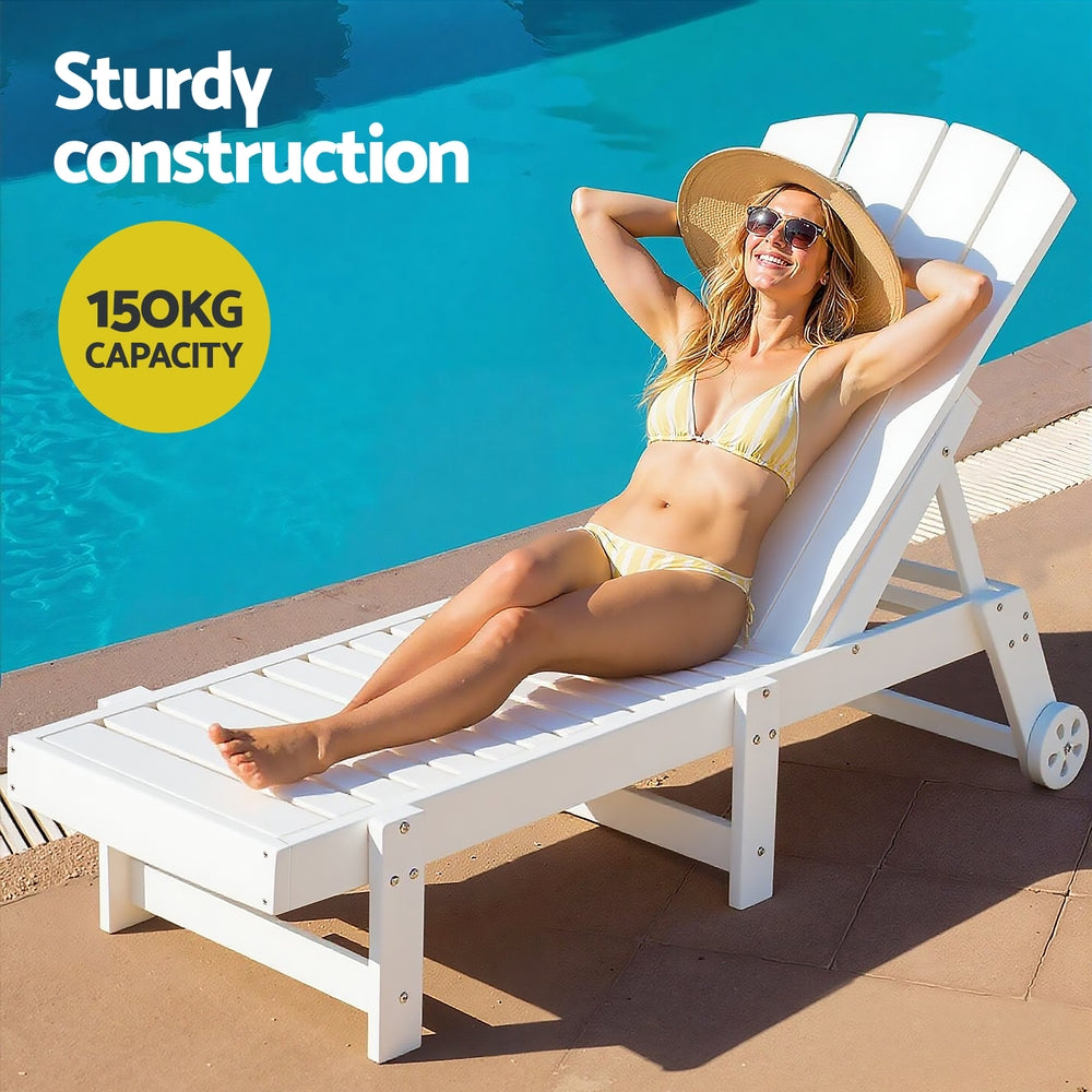 Woman relaxing on a white lounge chair by a pool with text about sturdy construction and capacity.
