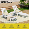 White outdoor lounge chairs with cushions on a patio, featuring HDPE frame text.