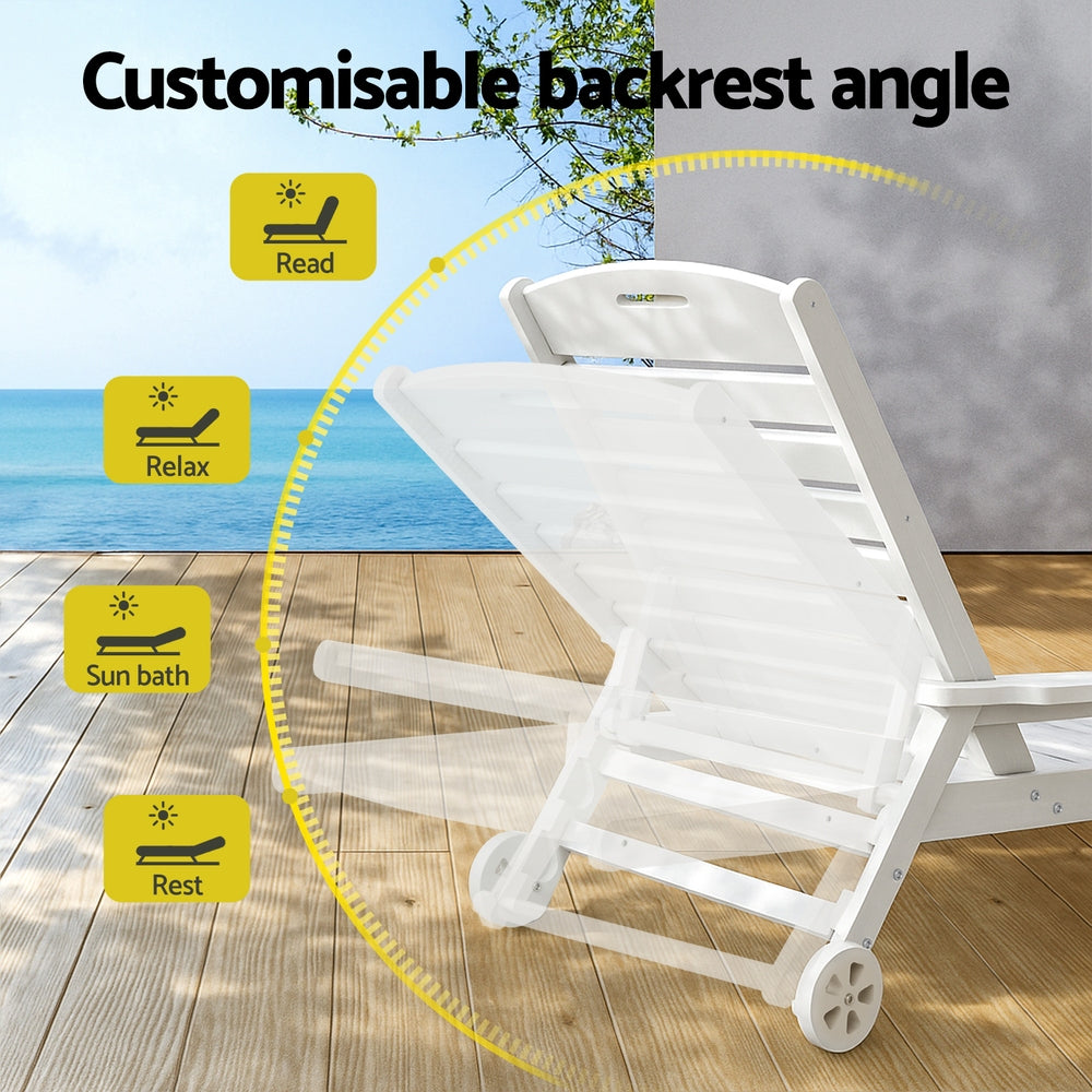 White lounge chair with customizable backrest angle features on a wooden deck.