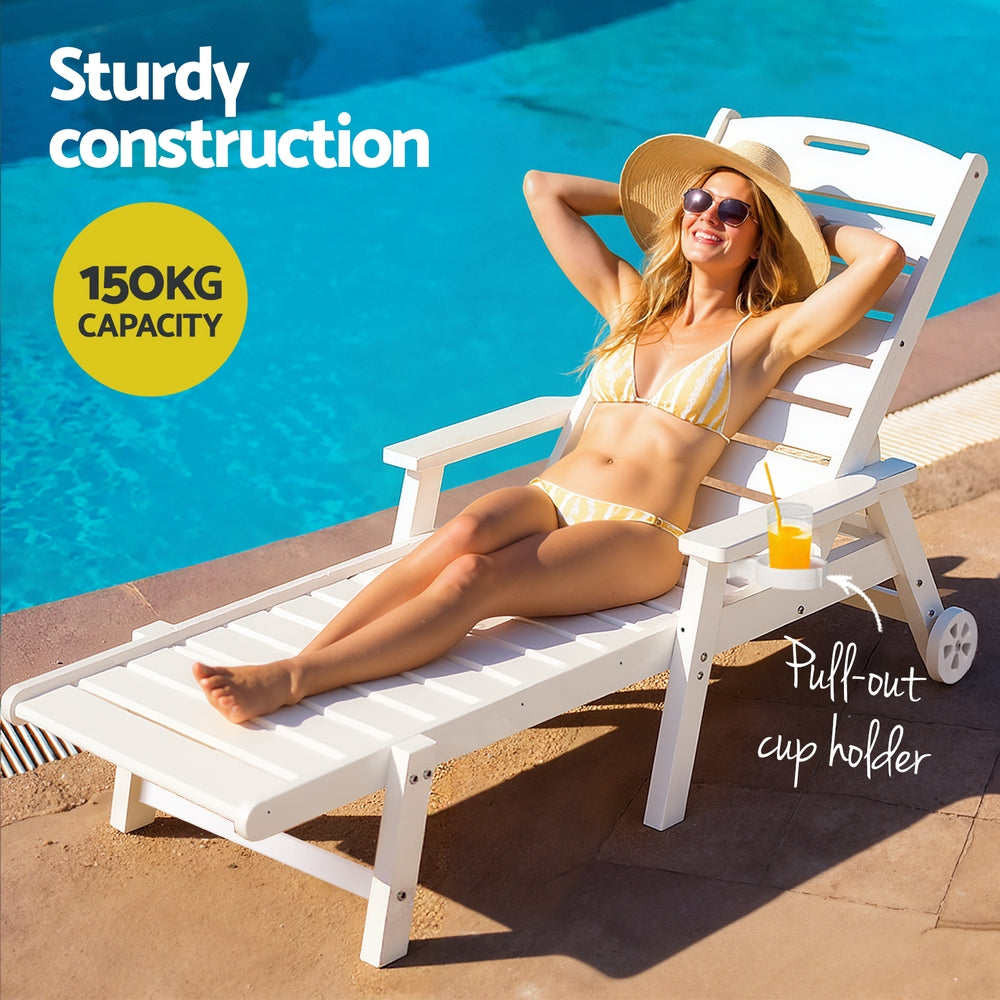 Woman relaxing on a white lounge chair by a pool with text about chair capacity and features.
