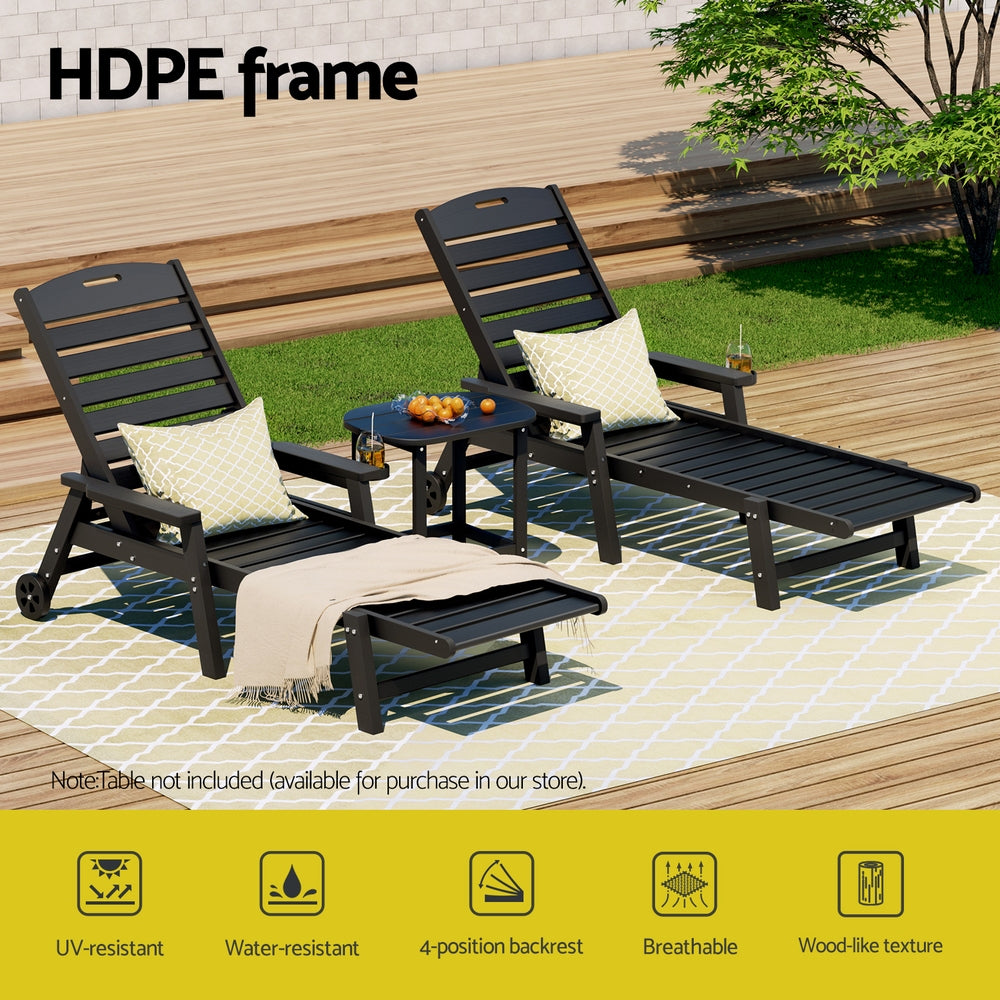 Two black lounge chairs with a small table on a patio with HDPE frame text.