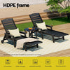 Two black lounge chairs with a small table on a patio with HDPE frame text.