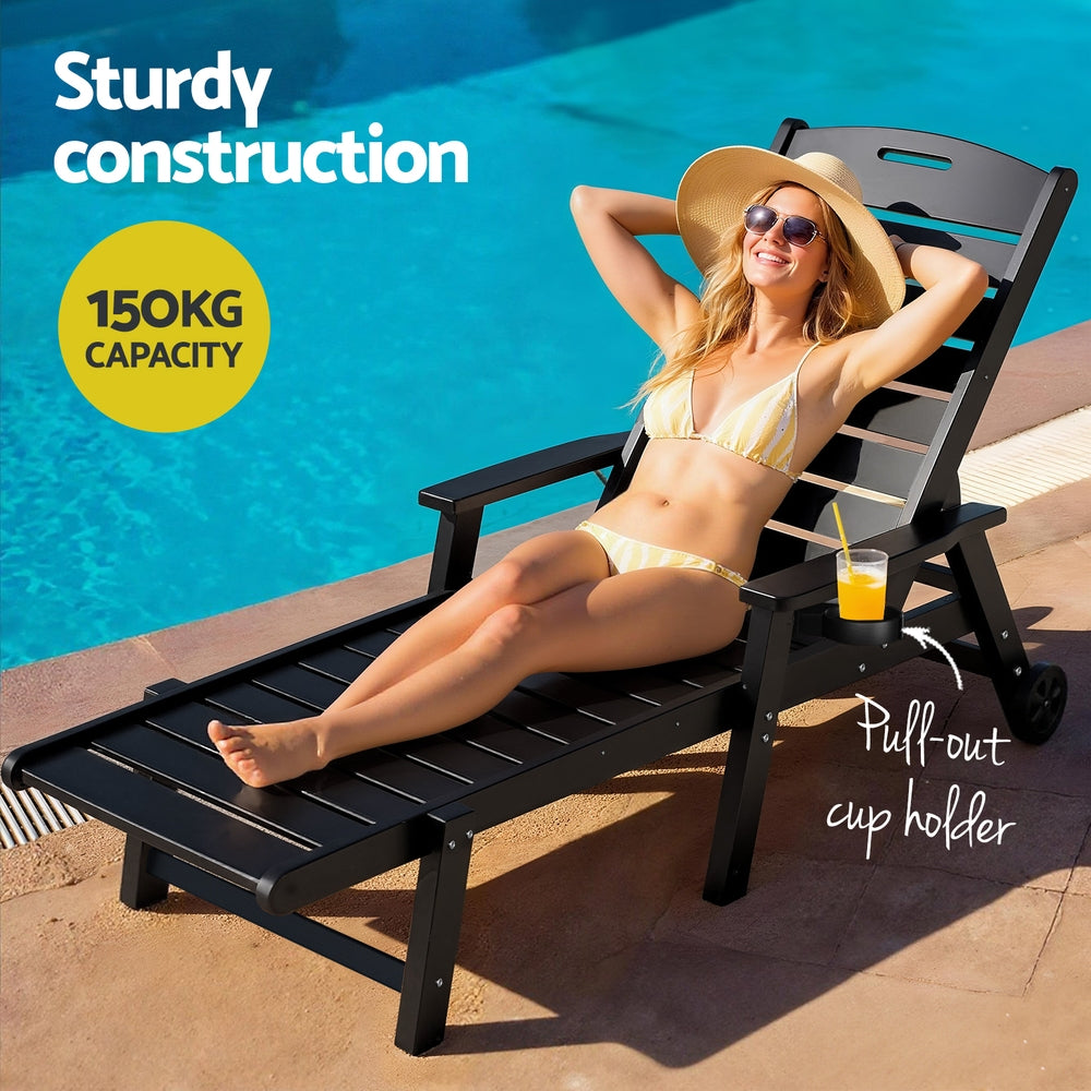 Woman relaxing on a black lounge chair by a pool with text highlighting construction quality and capacity.