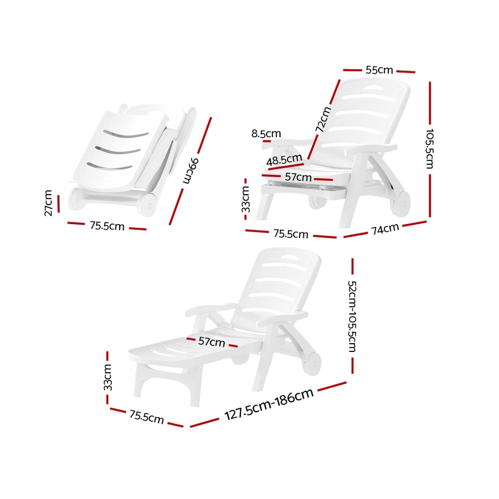 A white Gardeon folding sun lounger with wheels, in 3 different positions showing its dimensions - a reclined position, folded up and half folded converted to a deck chair, all on a white background.