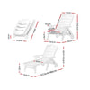A white Gardeon folding sun lounger with wheels, in 3 different positions showing its dimensions - a reclined position, folded up and half folded converted to a deck chair, all on a white background.
