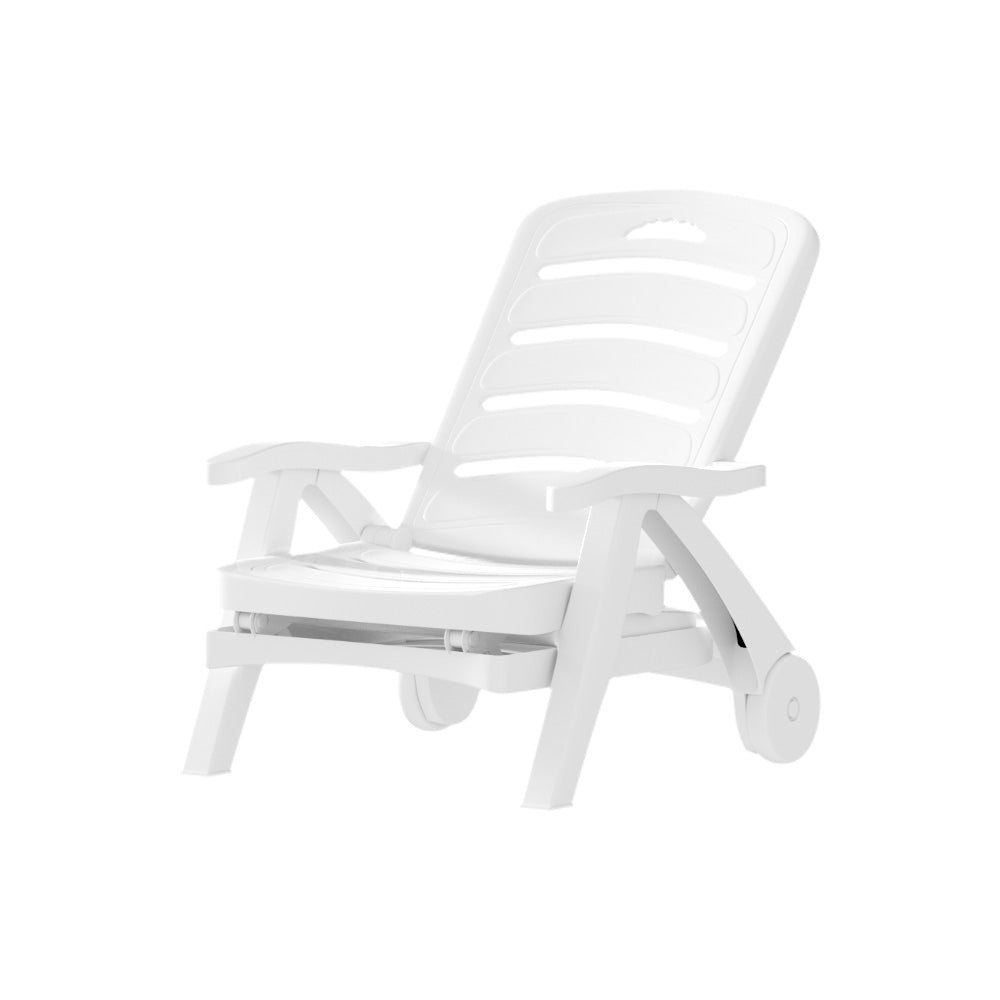 A white Gardeon folding sun lounger with wheels, in a half-folded up position, converted to a deck chair and set on a white background.