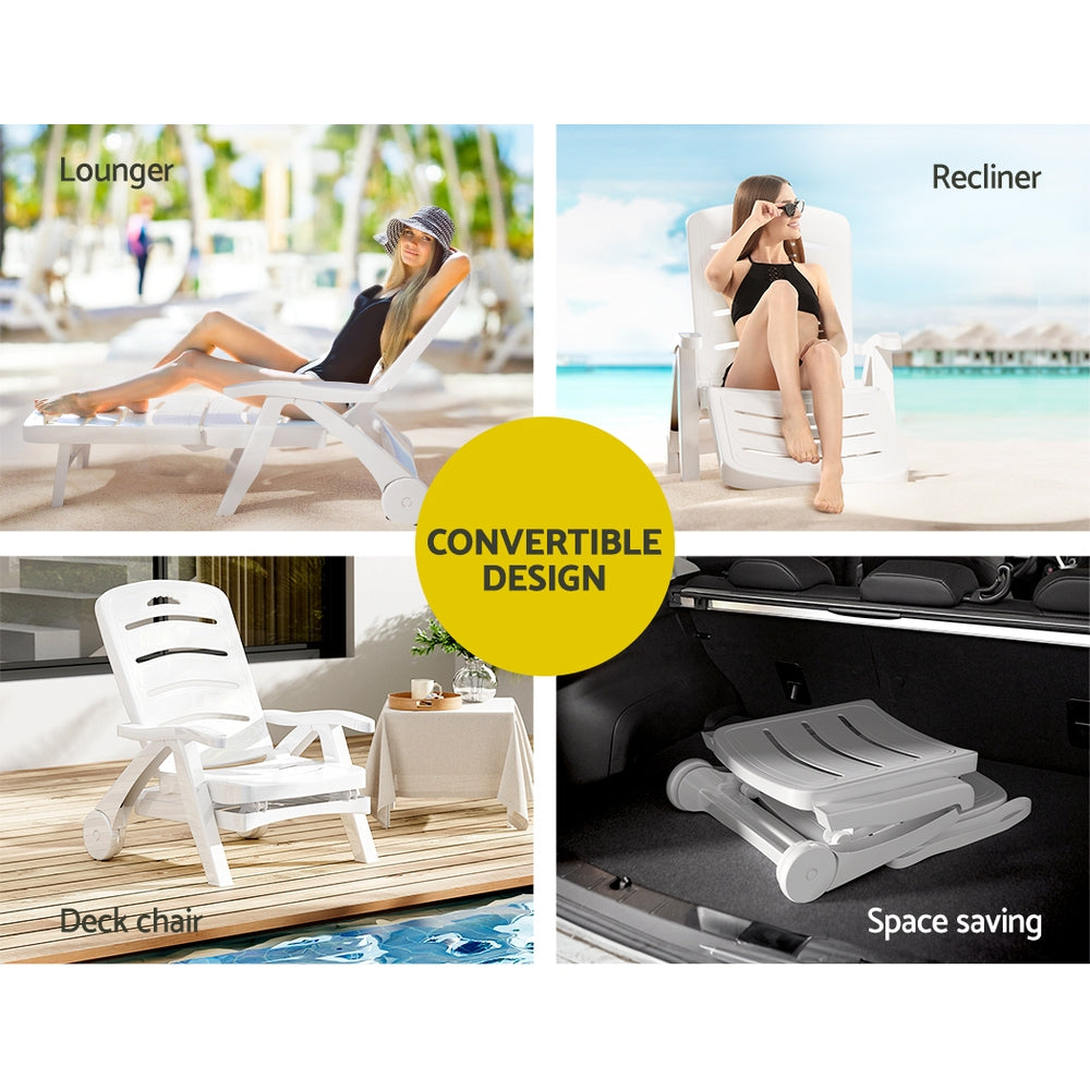 4-way split images of a white Gardeon folding sun lounger with wheels showcasing its convertible design. Two images of a lady using it as a recliner and lounger at a poolside, one in its deck chair position on a wood deck and one folded in a boot of a car.