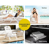 4-way split images of a white Gardeon folding sun lounger with wheels showcasing its convertible design. Two images of a lady using it as a recliner and lounger at a poolside, one in its deck chair position on a wood deck and one folded in a boot of a car.