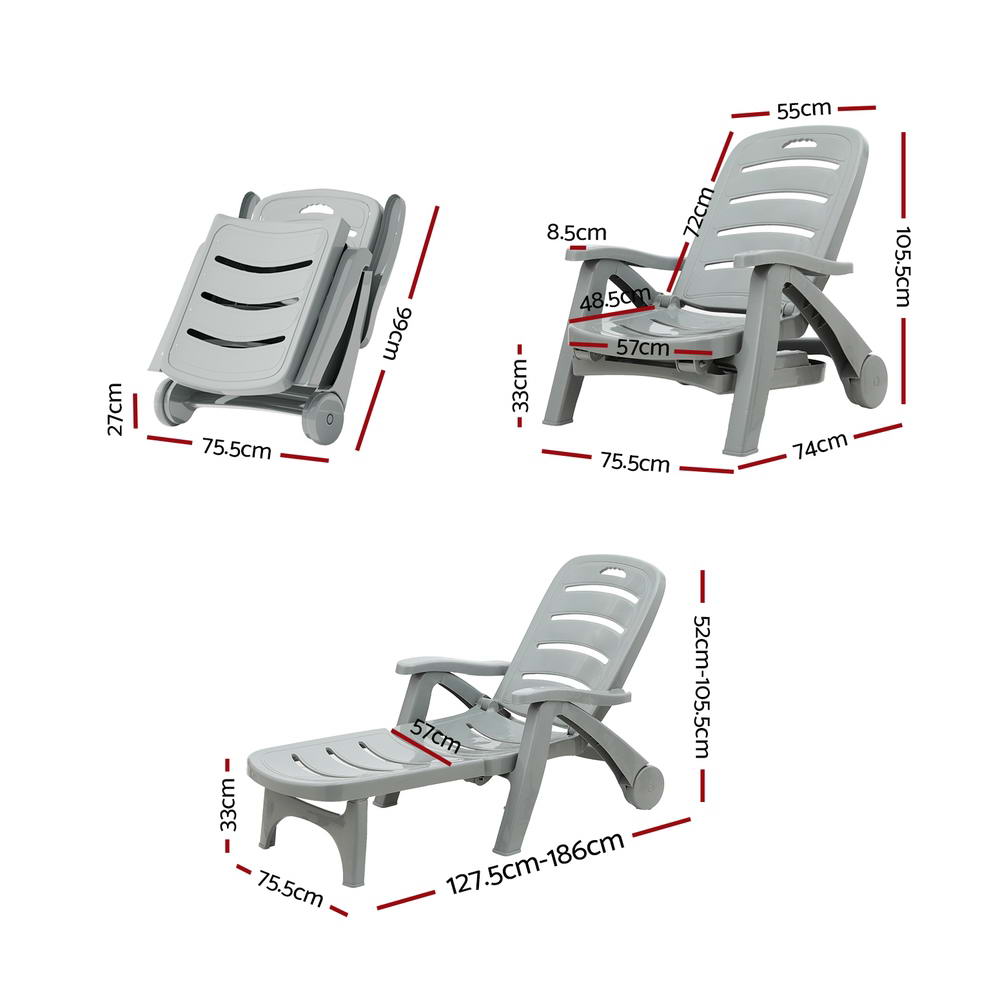 A grey Gardeon folding sun lounger with wheels, in 3 different positions showing its dimensions - a reclined position, folded up and half folded converted to a deck chair, all on a white background.