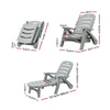 A grey Gardeon folding sun lounger with wheels, in 3 different positions showing its dimensions - a reclined position, folded up and half folded converted to a deck chair, all on a white background.