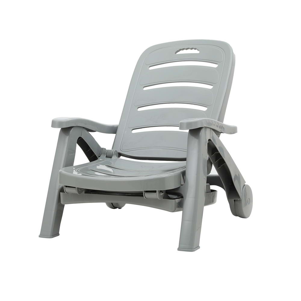 A grey Gardeon folding sun lounger with wheels, in a half-folded up position, converted to a deck chair and set on a white background.