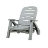 A grey Gardeon folding sun lounger with wheels, in a half-folded up position, converted to a deck chair and set on a white background.