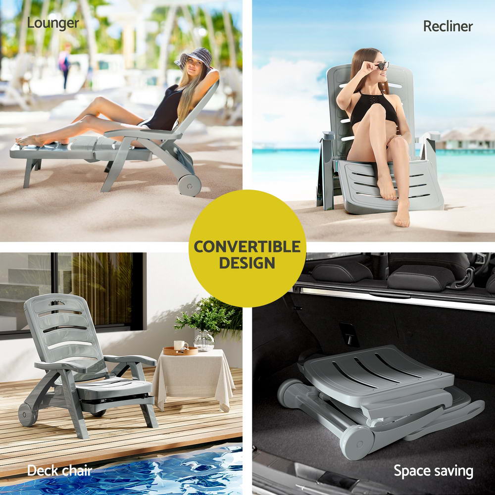 4-way split images of a grey Gardeon folding sun lounger with wheels showcasing its convertible design. Two images of a lady using it as a recliner and lounger at a poolside, one in its deck chair position on a wood deck and one folded in a boot of a car.