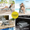 4-way split images of a grey Gardeon folding sun lounger with wheels showcasing its convertible design. Two images of a lady using it as a recliner and lounger at a poolside, one in its deck chair position on a wood deck and one folded in a boot of a car.