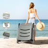 A young woman wheeling a foldable sun lounger across the sand heading toward the water at a beach and holding a sunhat in her other hand. There are 3 inset close-up images showcasing its locking clip for footrest, smooth wheels and comfortable handle.