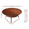 Rust-colored fire pit with dimensions marked on a white background
