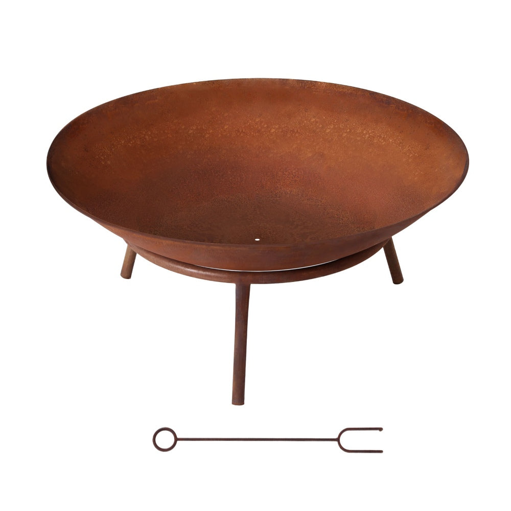Rust-colored fire pit with a tool on a white background