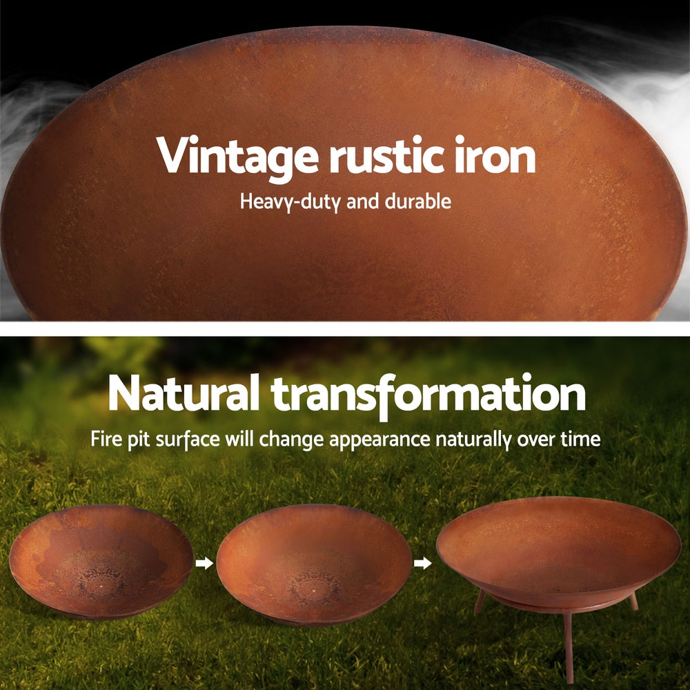 Vintage rustic iron fire pit with text about its durability and natural transformation over time.