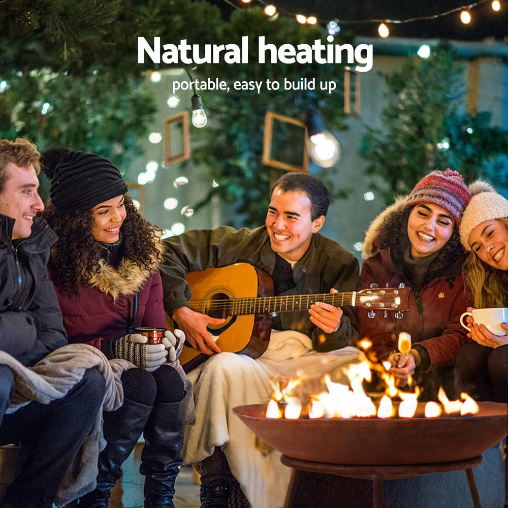 Group of people gathered around a fire pit, enjoying each other's company with text about natural heating.